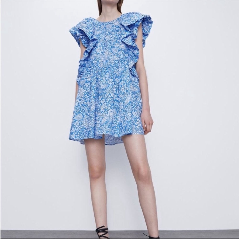 Zara Bloggers Fave Blue Floral Paisley Ruffle Dress